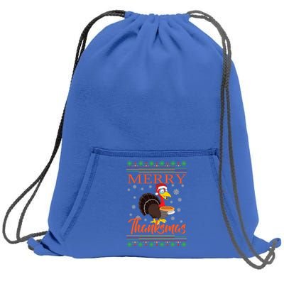 Merry Thanksmas Cute Turkey Santa Hat Thanksgiving Christmas Gift Sweatshirt Cinch Pack Bag