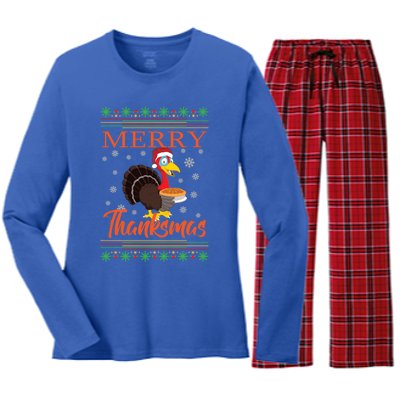 Merry Thanksmas Cute Turkey Santa Hat Thanksgiving Christmas Gift Women's Long Sleeve Flannel Pajama Set 