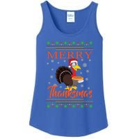 Merry Thanksmas Cute Turkey Santa Hat Thanksgiving Christmas Gift Ladies Essential Tank