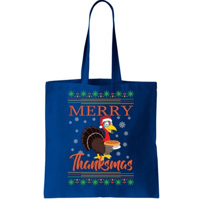 Merry Thanksmas Cute Turkey Santa Hat Thanksgiving Christmas Gift Tote Bag