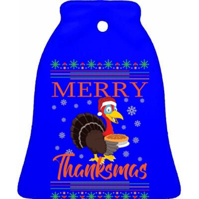 Merry Thanksmas Cute Turkey Santa Hat Thanksgiving Christmas Gift Ceramic Bell Ornament