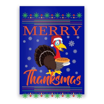 Merry Thanksmas Cute Turkey Santa Hat Thanksgiving Christmas Gift Poster