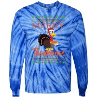 Merry Thanksmas Cute Turkey Santa Hat Thanksgiving Christmas Gift Tie-Dye Long Sleeve Shirt