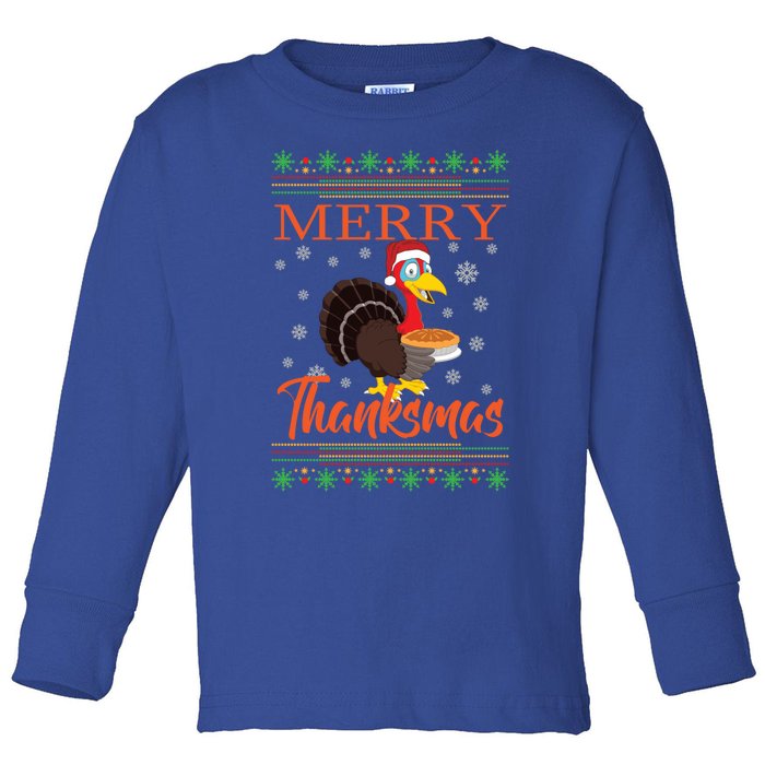 Merry Thanksmas Cute Turkey Santa Hat Thanksgiving Christmas Gift Toddler Long Sleeve Shirt