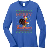 Merry Thanksmas Cute Turkey Santa Hat Thanksgiving Christmas Gift Ladies Long Sleeve Shirt