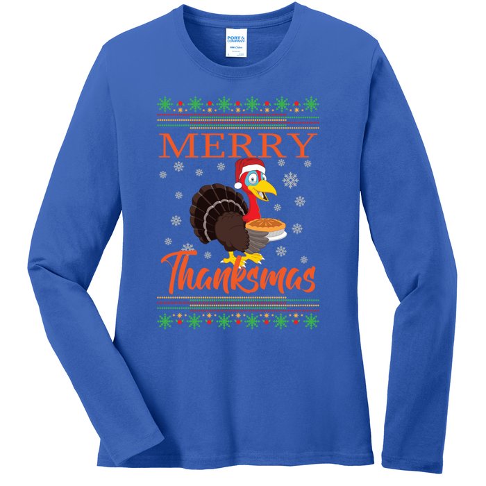 Merry Thanksmas Cute Turkey Santa Hat Thanksgiving Christmas Gift Ladies Long Sleeve Shirt