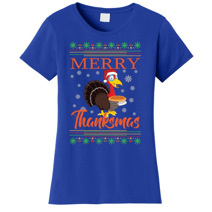 Merry Thanksmas Cute Turkey Santa Hat Thanksgiving Christmas Gift Women's T-Shirt