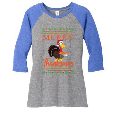 Merry Thanksmas Cute Turkey Santa Hat Thanksgiving Christmas Gift Women's Tri-Blend 3/4-Sleeve Raglan Shirt