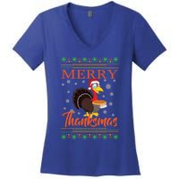 Merry Thanksmas Cute Turkey Santa Hat Thanksgiving Christmas Gift Women's V-Neck T-Shirt