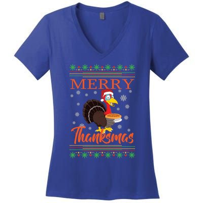 Merry Thanksmas Cute Turkey Santa Hat Thanksgiving Christmas Gift Women's V-Neck T-Shirt