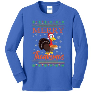 Merry Thanksmas Cute Turkey Santa Hat Thanksgiving Christmas Gift Kids Long Sleeve Shirt