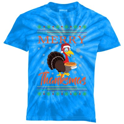 Merry Thanksmas Cute Turkey Santa Hat Thanksgiving Christmas Gift Kids Tie-Dye T-Shirt