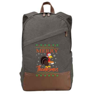 Merry Thanksmas Cute Turkey Santa Hat Thanksgiving Christmas Gift Cotton Canvas Backpack