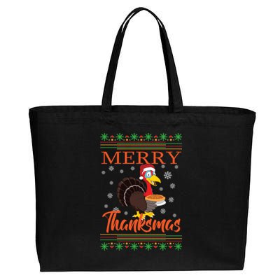 Merry Thanksmas Cute Turkey Santa Hat Thanksgiving Christmas Gift Cotton Canvas Jumbo Tote