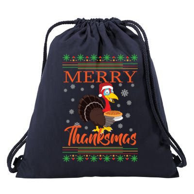 Merry Thanksmas Cute Turkey Santa Hat Thanksgiving Christmas Gift Drawstring Bag