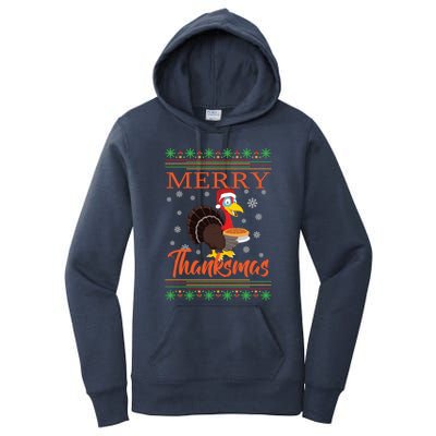 Merry Thanksmas Cute Turkey Santa Hat Thanksgiving Christmas Gift Women's Pullover Hoodie