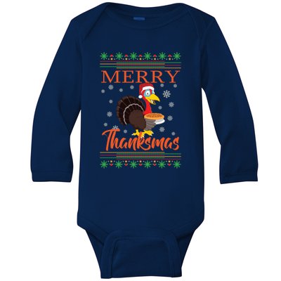 Merry Thanksmas Cute Turkey Santa Hat Thanksgiving Christmas Gift Baby Long Sleeve Bodysuit