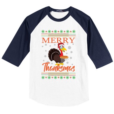 Merry Thanksmas Cute Turkey Santa Hat Thanksgiving Christmas Gift Baseball Sleeve Shirt