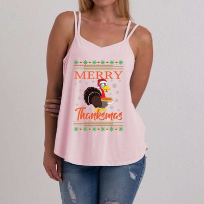 Merry Thanksmas Cute Turkey Santa Hat Thanksgiving Christmas Gift Women's Strappy Tank