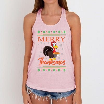 Merry Thanksmas Cute Turkey Santa Hat Thanksgiving Christmas Gift Women's Knotted Racerback Tank