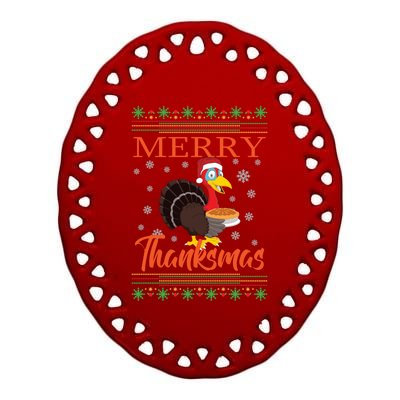 Merry Thanksmas Cute Turkey Santa Hat Thanksgiving Christmas Gift Ceramic Oval Ornament