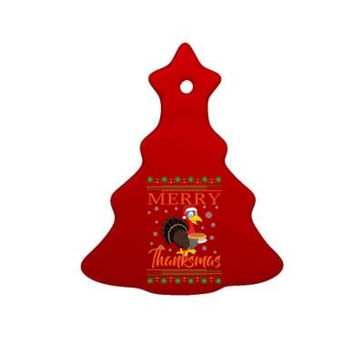 Merry Thanksmas Cute Turkey Santa Hat Thanksgiving Christmas Gift Ceramic Tree Ornament