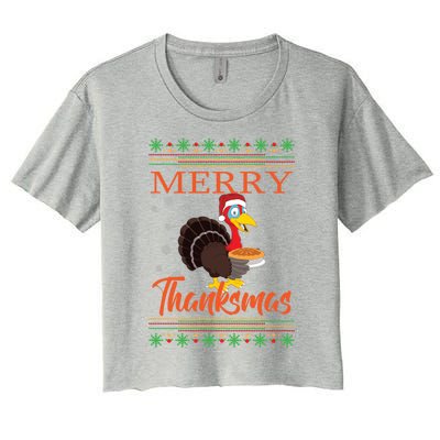 Merry Thanksmas Cute Turkey Santa Hat Thanksgiving Christmas Gift Women's Crop Top Tee