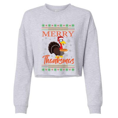 Merry Thanksmas Cute Turkey Santa Hat Thanksgiving Christmas Gift Cropped Pullover Crew