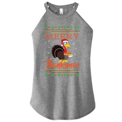 Merry Thanksmas Cute Turkey Santa Hat Thanksgiving Christmas Gift Women's Perfect Tri Rocker Tank