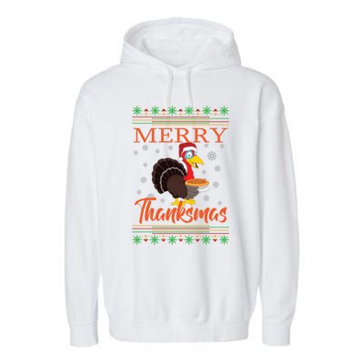 Merry Thanksmas Cute Turkey Santa Hat Thanksgiving Christmas Gift Garment-Dyed Fleece Hoodie