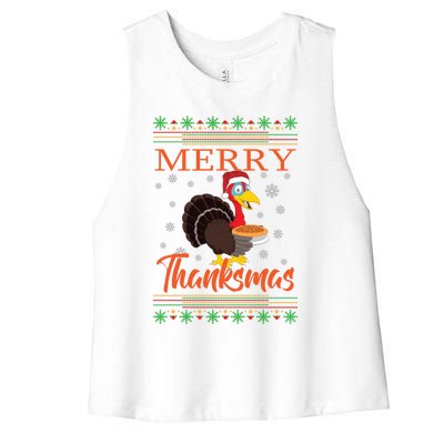 Merry Thanksmas Cute Turkey Santa Hat Thanksgiving Christmas Gift Women's Racerback Cropped Tank