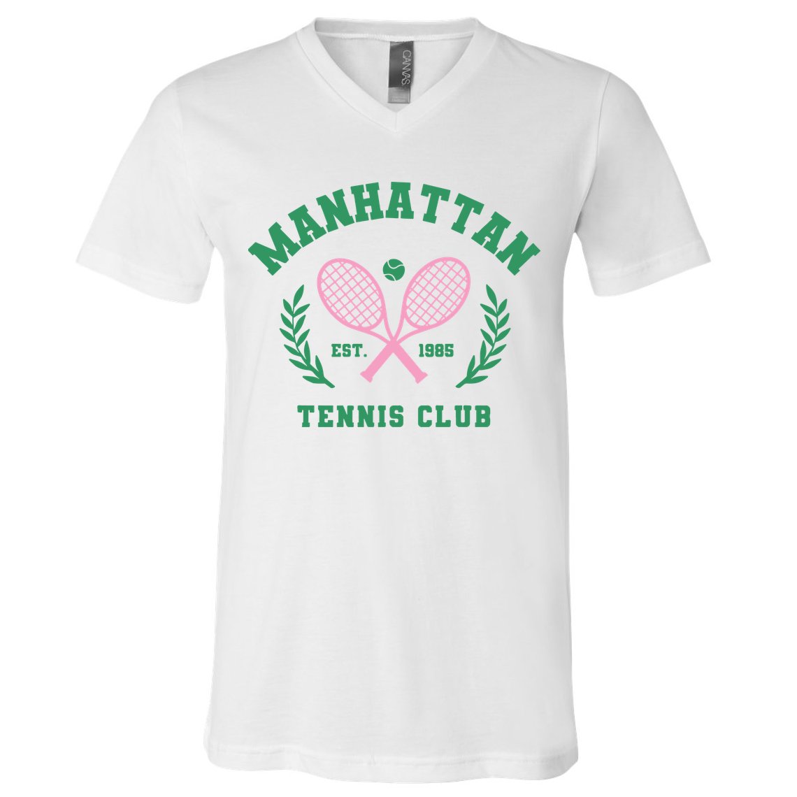 Manhattan Tennis Club Pink And Green Tennis V-Neck T-Shirt