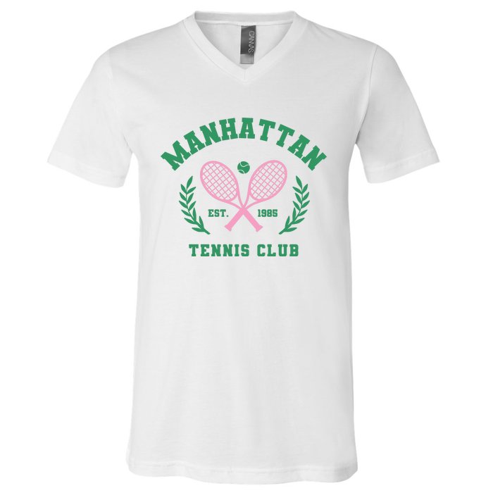 Manhattan Tennis Club Pink And Green Tennis V-Neck T-Shirt