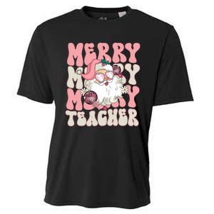 Merry Teacher Christmas Retro Wavy Pink Teacher Cooling Performance Crew T-Shirt