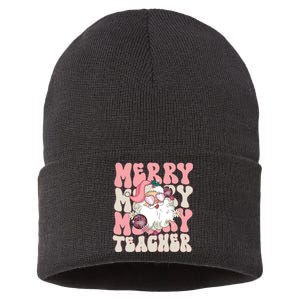 Merry Teacher Christmas Retro Wavy Pink Teacher Sustainable Knit Beanie