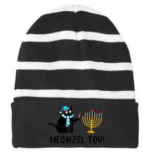 Meowzel Tov Chanukah Jewish Cat Owner Ugly Hanukkah Gift Striped Beanie with Solid Band