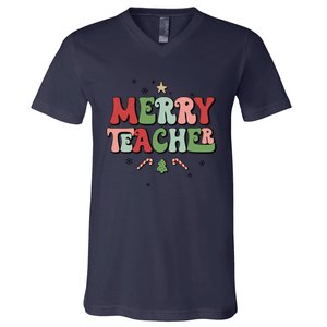 Merry Teacher Christmas Tree Xmas Holiday Teaching V-Neck T-Shirt