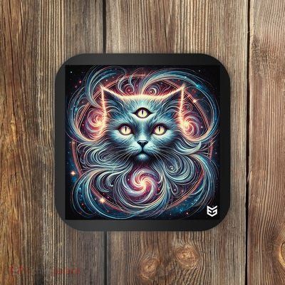 Mystical Three-Eyed Cat Surreal Cosmic Feline Art Coaster
