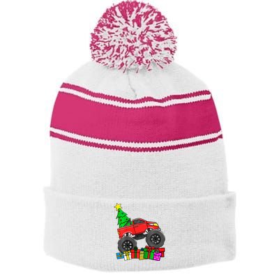 Monster Truck Christmas Tree Stripe Pom Pom Beanie