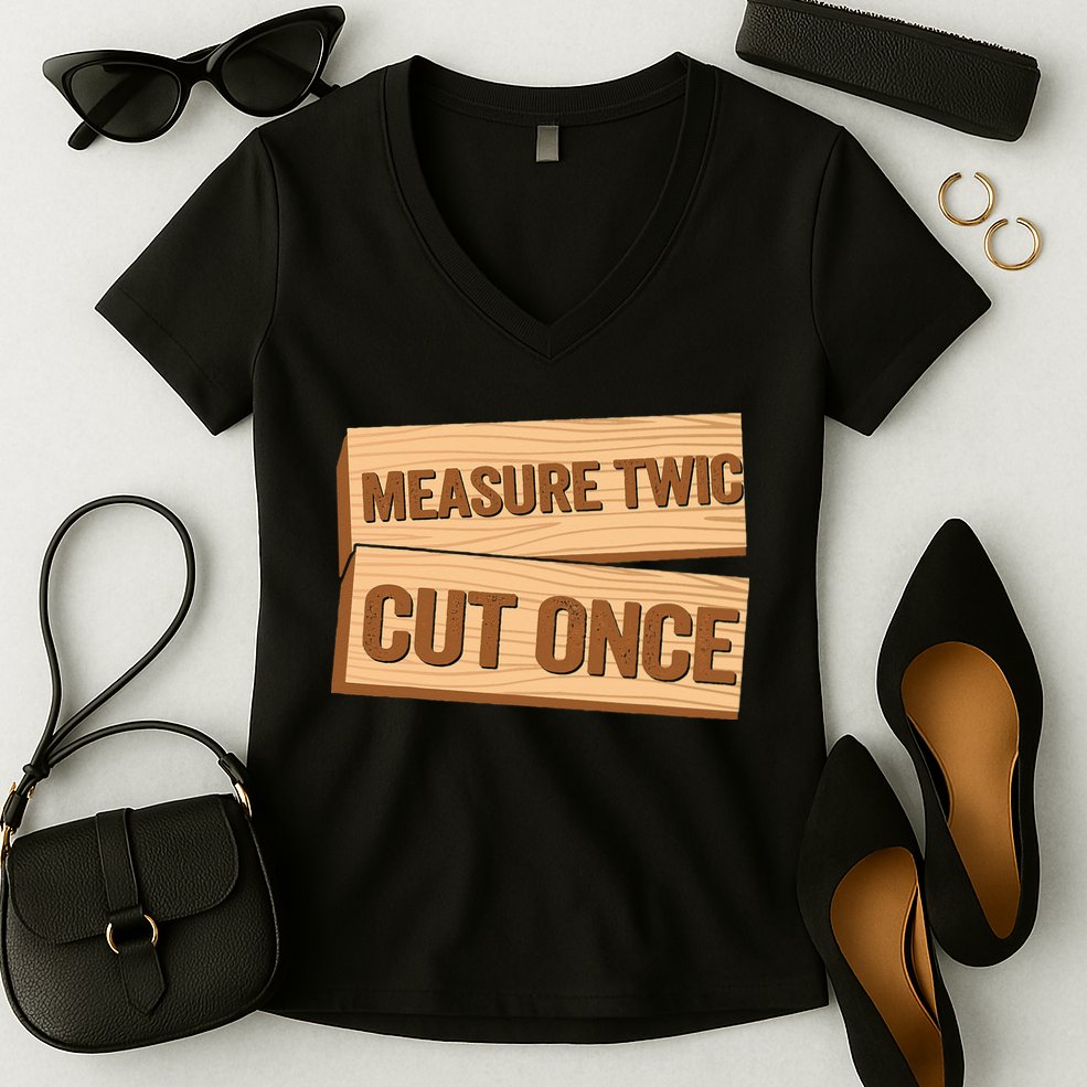 Measure Twice Cut Once Carpenter Funny Woodworking Women's V-Neck T-Shirt