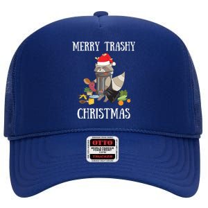 Merry Trashy Christmas Raccoon Santa Claus Trash Panda Santa Gift High Crown Mesh Back Trucker Hat