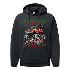 Monster Truck Crushing Christmas Tree Performance Fleece Hoodie