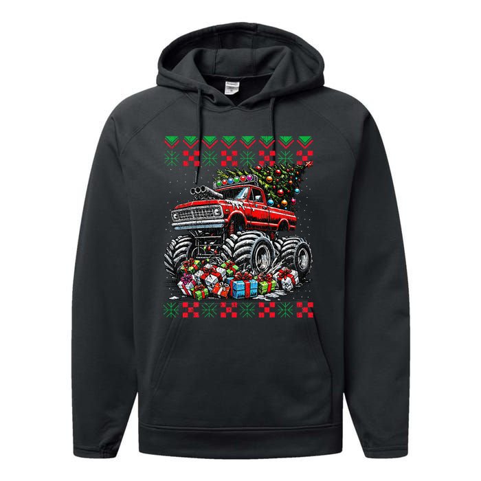 Monster Truck Crushing Christmas Tree Performance Fleece Hoodie