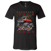 Monster Truck Crushing Christmas Tree V-Neck T-Shirt