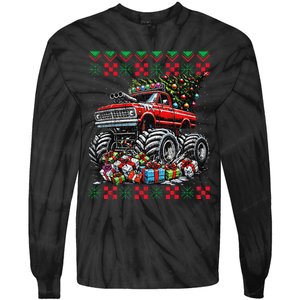 Monster Truck Crushing Christmas Tree Tie-Dye Long Sleeve Shirt