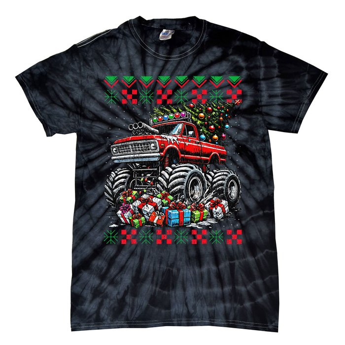 Monster Truck Crushing Christmas Tree Tie-Dye T-Shirt