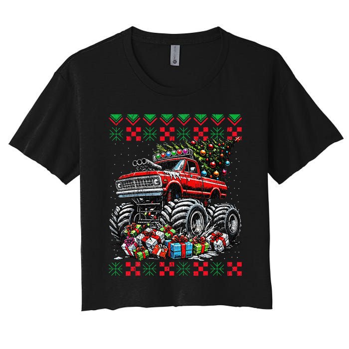 Monster Truck Crushing Christmas Tree Women's Crop Top Tee