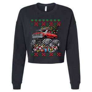 Monster Truck Crushing Christmas Tree Cropped Pullover Crew