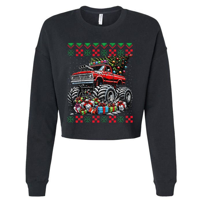 Monster Truck Crushing Christmas Tree Cropped Pullover Crew