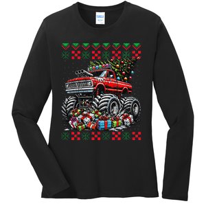 Monster Truck Crushing Christmas Tree Ladies Long Sleeve Shirt